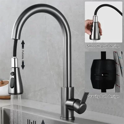 Torneiras de cozinha 304 aço inoxidável pull out pia da cozinha água deck montado misturador fluxo pulverizador cabeça quente e fria torneiras