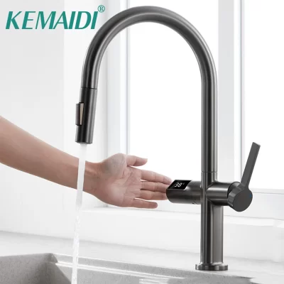 KEMAIDI-Torneira De Pia De Cozinha Com Punho Inteligente, Display Digital, Touchless, Sensor, Pull-down Pulverizador, Temperatura
