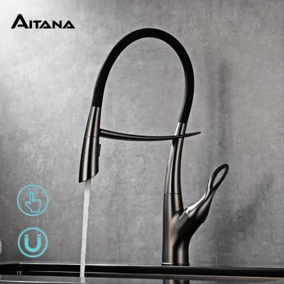 AITANA Pistola de latão luxuosa cinza torneira de cozinha design de interruptor de toque com controle duplo frio e quente pia magnética misturador simples