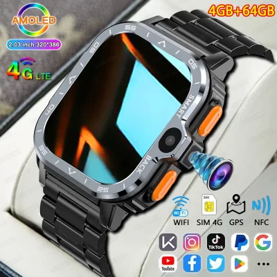 Android Smart Watch com câmera dupla, chamada, navegação gps, wifi, nfc, robusto, armazenamento de 64g rom, google play, ip67, novo, 24