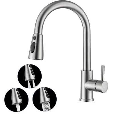 Torneira de cozinha de níquel escovado, bico flexível removível, pia de cozinha, torneira misturadora, pulverizador de fluxo, deck de cabeça, preto, torneiras de água quente e fria