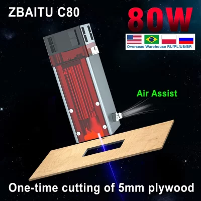 Módulo de cabeça laser ZBAITU 80W com design de proteção ocular para máquina de gravação CNC Bico de metal de assistência de ar com controle deslizante de ajuste de foco