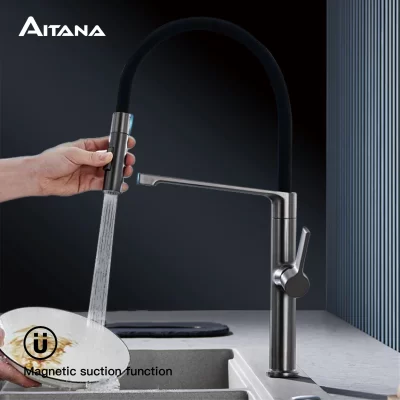 Luxo arma cinza torneira de cozinha Design de sucção magnética único furo único punho frio e quente pia de controle duplo, cozinha