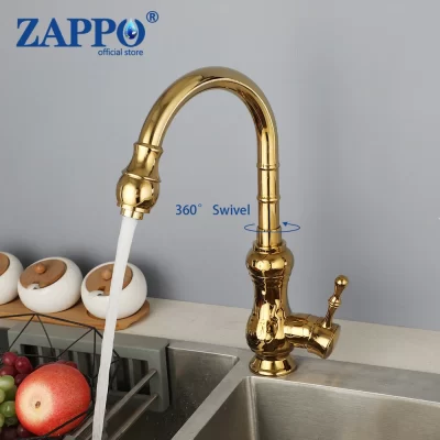 Zappo torneira de barra de cozinha banhada a ouro com alça única para cozinha, banheiro, torneira de latão, misturador de água quente e fria