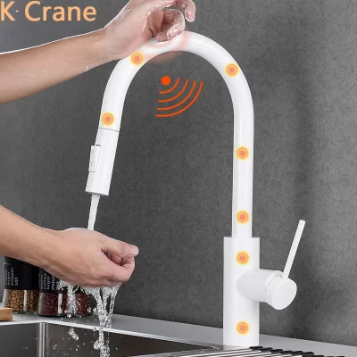 Cozinha sensor de toque torneira pia inteligente puxar para baixo misturador quente e frio guindaste deck montagem moderno branco aço inoxidável girar torneiras