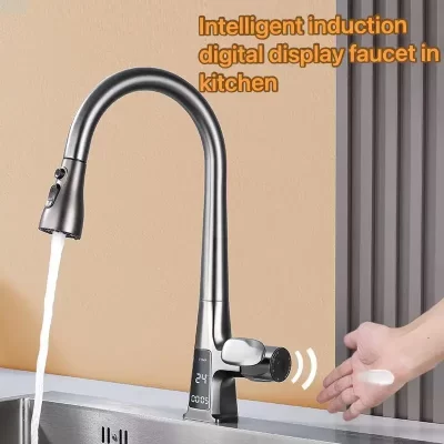Pia da cozinha sensor inteligente display digital pull-out torneira interruptor sem contato frio e quente três modos de saída torneira da bacia