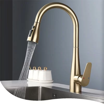 SUS304 Pull-out Torneira De Pia De Cozinha, Torneira Misturadora, Rotação De 360 Graus, Ouro, Escovado, Torneiras Misturadoras