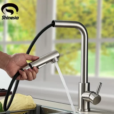 Shinesia torneiras de cozinha de aço inoxidável gourmet torneira misturadora de cozinha pull out água quente e fria preto/níquel escovado
