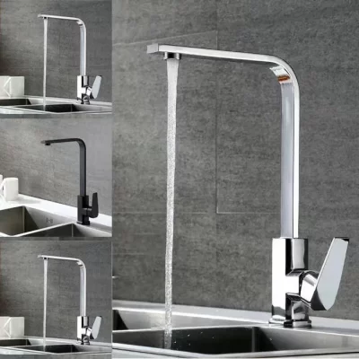 Torneira de cozinha de cobre em 7 formatos - 360 ° Misturador de pia giratória com cartucho cerâmico e arejador, prata/preto