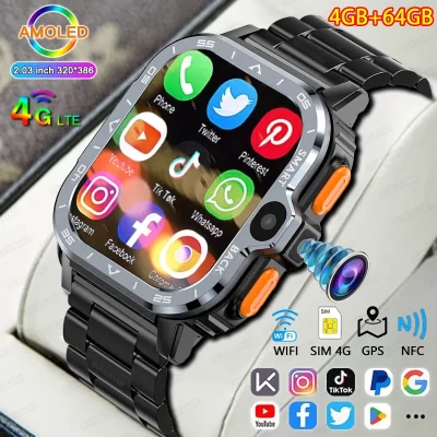 Smartwatch com duas câmeras, AMOLED, NFC, WiFi, 4GB de RAM, 64GB ROM, baixar o aplicativo, jogo, Android, suporte à navegação GPS, 4G, 4G