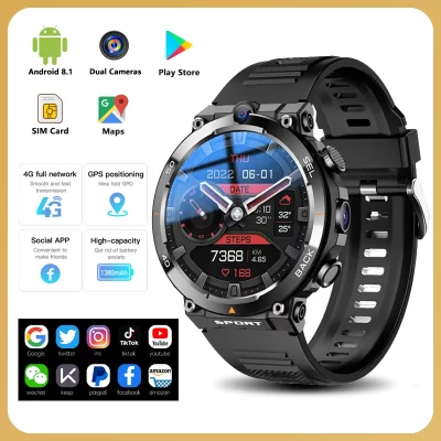 Android 4g rede relógio inteligente com câmeras duplas 16g-rom suporte cartão sim gps wifi nfc google play mapas smartwatch para homens