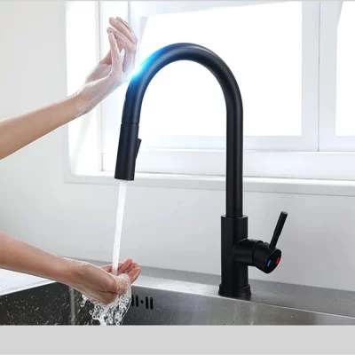 Dqok torneira de cozinha pull out, sensor de níquel escovado, aço inoxidável, preto, indução inteligente, misturada, controle de toque, pia