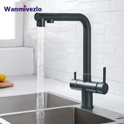 Torneira de cozinha tipo pull-out, Bico giratório duplo, filtro de água potável, purificador de latão, torneira misturadora, 2 funções, frio e quente