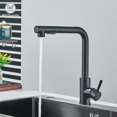 Frete grátis preto pull out torneira da pia da cozinha dois modelos bocal pulverizador de fluxo aço inoxidável quente e fria wate misturador deck