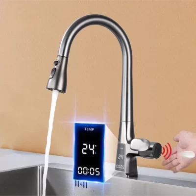 Sensor inteligente pull out torneira da cozinha touchless display digital misturador de água água quente e fria três modos bico torneira da pia