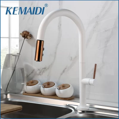 KEMAIDI Torneira de cozinha com pulverizador pull down alça única branco rosa ouro torneiras de pia de cozinha torneira misturadora de água quente e fria preta
