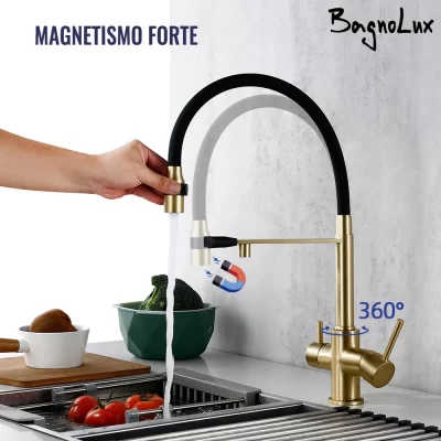 Filtro de torneira de cozinha ouro escovado 360 giratório torneira de água pura para cozinha de 3 maneiras extraível purificador misturador de água alça dupla