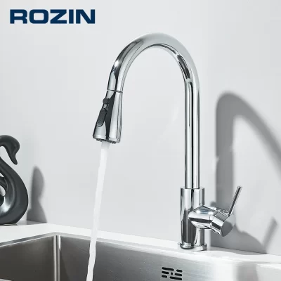 Rozin cromo torneira da cozinha deck montado pull out bico pia da cozinha misturadora de fluxo único nível pulverizador bico misturador