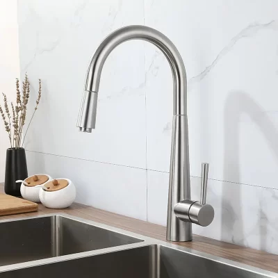 Torneira de pia de cozinha extraível em aço inoxidável 304, furo único, misturador rotativo quente e frio, torneira de água, rotativo, retrátil