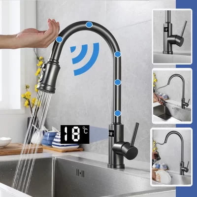 Torneira de cozinha Smart Touch com sensor Torneiras de água inteligentes Arma cinza luxuosa removível 360 ° Bocal misturador de cimento removível para torneira