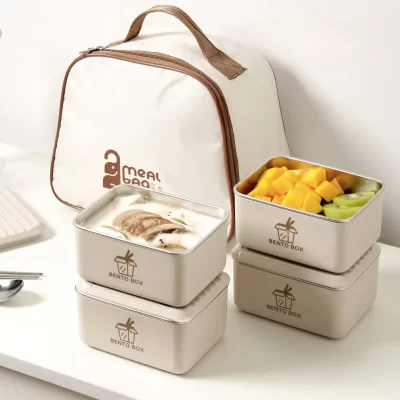 Conjunto de lancheira bento de aço inoxidável com tampa, bolsa de isolamento, lancheira multicamadas, aquecimento de micro-ondas para estudantes, acampamento ao ar livre