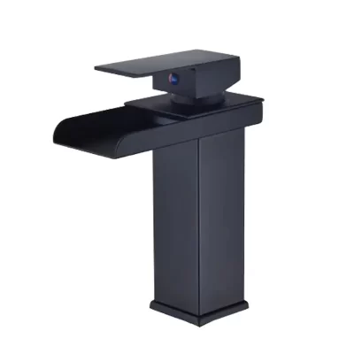 Torneira matte Black Waterfall Basin, Misturador de alça única, Água quente e fria, Torneira de guindaste para banheiro, Lavatório, Misturador de pia