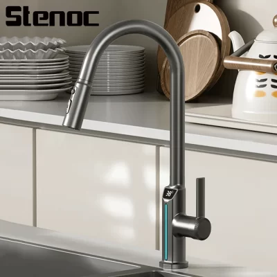 Novo display digital de temperatura cachoeira pull out torneira da cozinha misturador 3 modos pulverizador fluxo cinza torneira da pia água quente e fria