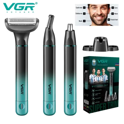 Vgr 3 em 1 conjunto de aparamento de cabelo masculino recarregável profissional folha barbeador portátil nariz cabelo orelha sobrancelha trimmer 625