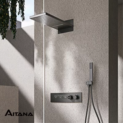 Sistema de chuveiro de latão com display digital inteligente de luxo, design preto montado na parede, controle duplo de torneira de banheiro oculta fria e quente