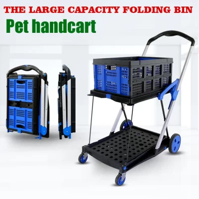 Carrinho dobrável de dois andares, carrinho de puxar para motorista de compras, caminhão de reboque, carrinho para animais de estimação de gato e cachorro, carrinho de mesa mão na mão para pus