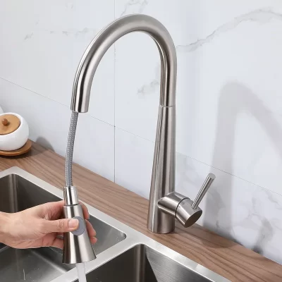 Torneiras De Cozinha De Níquel Escovado, Aço Inoxidável 304, Puxe O Bico, Pia De Cozinha, Torneira Misturadora, 360 Giratória, Montado No Deck