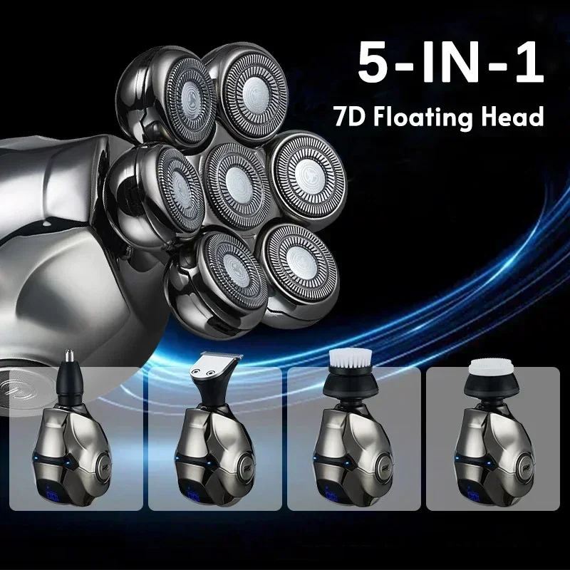 5-em-1 masculino recarregável cabeça careca barbeador elétrico 7d lâmina flutuante cabeça barba nariz orelha aparador de pêlos navalha clipper escova facial - Image 2