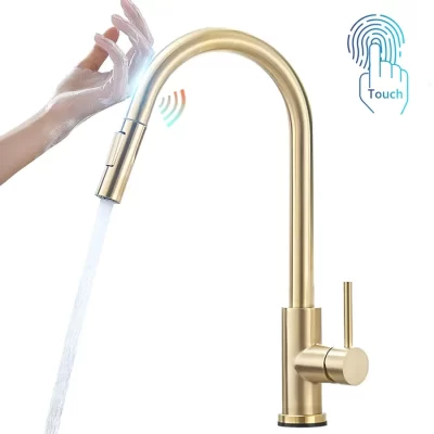 Sensor torneiras de cozinha ouro escovado toque inteligente indutivo sensível torneira misturadora único punho saída dupla modos água 1005j