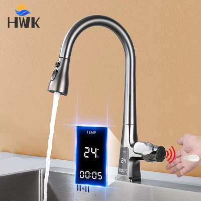 Torneira de cozinha removível com sensor inteligente. Torneira misturadora de água com display digital sem toque. Torneira de pia com bico de três modos de água quente e fria.