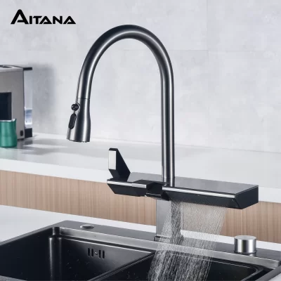 AITANA Torneira de cozinha luxuosa de latão cromado com design de display digital, misturador de pia de 3 funções removível de água quente e fria