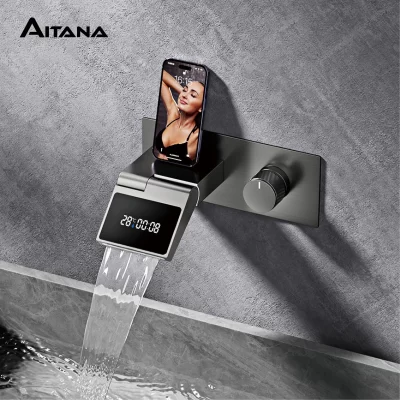 Torneira luxuosa de latão cinza para banheiro, torneira de parede com display digital LED, alça única, água quente e fria, torneira de banheiro embutida