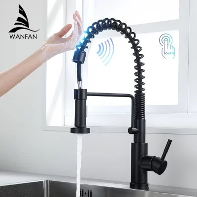 Torneira de cozinha touch sense preta escovada, torneira misturadora de cozinha giratória com sensor inteligente, modo de spray de fluxo, torneiras misturadoras 1026