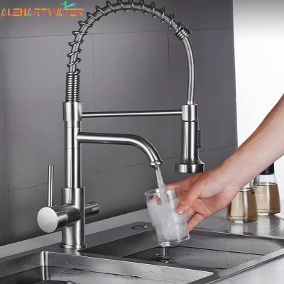 Torneira com filtro de água pura para cozinha, alça dupla, água potável quente e fria, torneira de purificação misturadora de montagem no deck