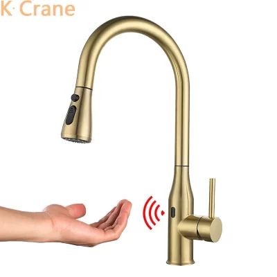 Sensor de movimento infravermelho torneira da pia da cozinha misturador quente e frio puxar para fora rotação aço inoxidável touchless toque inteligente grifo