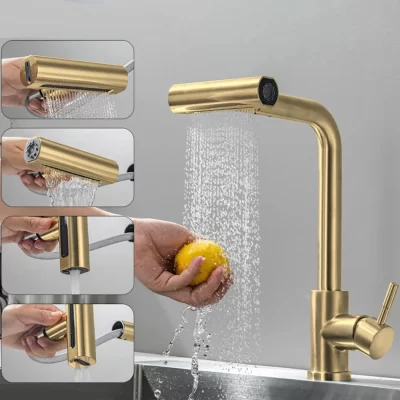 Torneira de cozinha em ouro escovado removível cascata preta 304 aço inoxidável 360 ° Torneira de pia misturadora com economia de água quente e fria com rotação