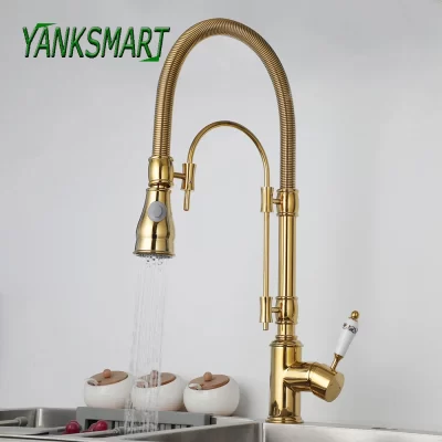 YANKSMART-Primavera Pull Down Torneira De Cozinha, Deck Montado Bacia Giratória, Misturador De Pia De Latão, Torneira De Água, Polido De Ouro
