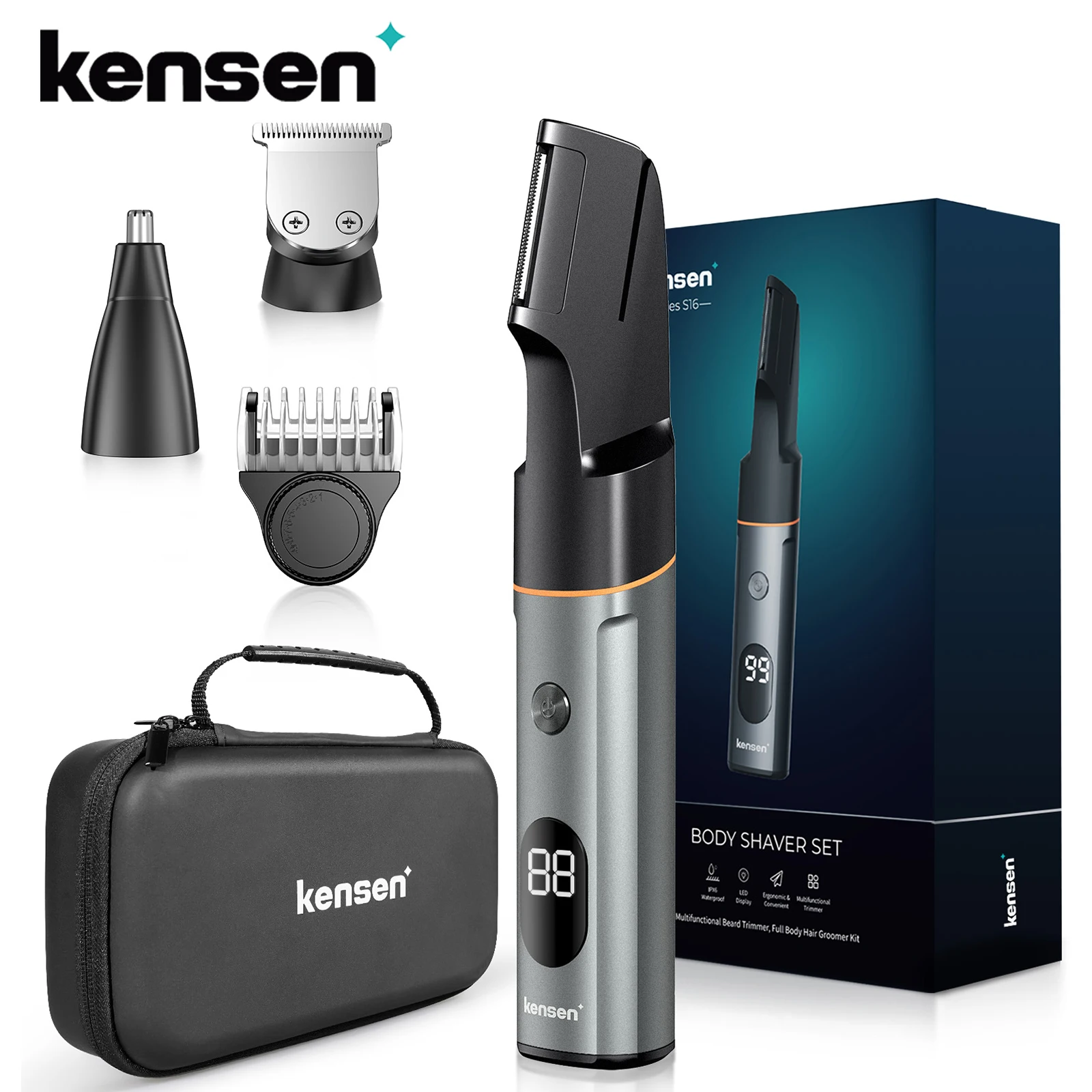 Kensen 3 em 1 kit aparador de pêlos corporais para homens barbeador de pêlos pubianos aparador de barba de nariz IPX6 à prova d'água barbeador elétrico cortador de cabelo