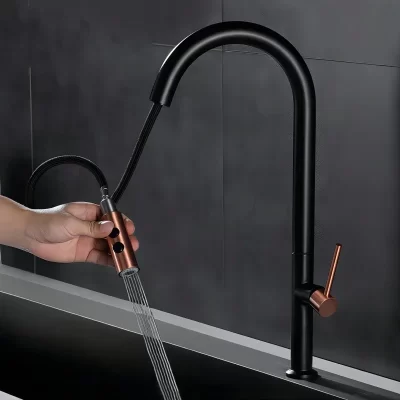 Torneira de cozinha pull-out, torneira misturadora de água escovada, cinza, ouro rosa, preto, quente e fria
