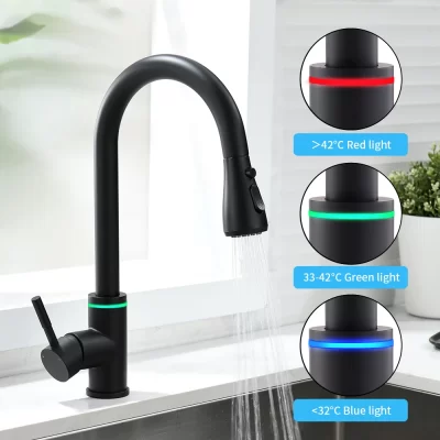 Toque inteligente preto cozinha led torneiras guindaste para sensor de água da cozinha pia girar toque torneira misturadora água KH-1067