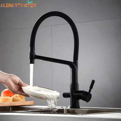Torneira de cozinha preta dupla, Misturador de água potável Rotação de 360 graus Água quente e fria, Torneira de recurso de purificação