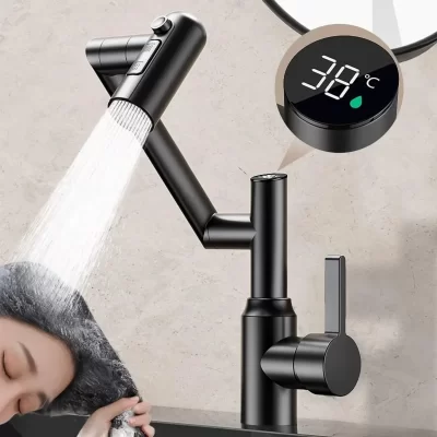 Torneira de cozinha, lavatório, braço mecânico multifuncional para banheiro, display digital para água quente e fria, rotação universal