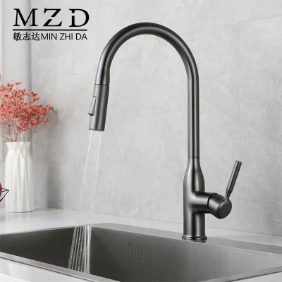 Modern aço inoxidável Flow Kitchen Sink Faucet, Pull Down Pulverizador, alta para único furo, níquel escovado