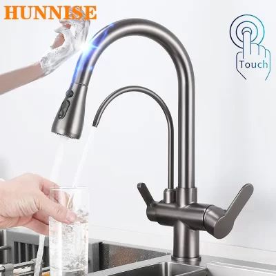 Toque inteligente na torneira da cozinha de filtro de água embutido pull-down pulverizador quente e fria misturadora da cozinha filtro de toque torneiras de cozinha