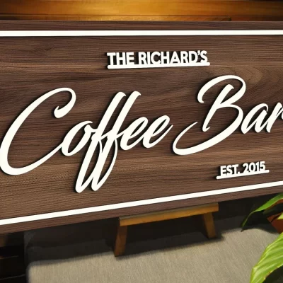 Nome da família, Placa de parede de madeira para bar, Decoração da casa, Decoração do quarto, Escritório, Logotipo do negócio, Decoração do lar