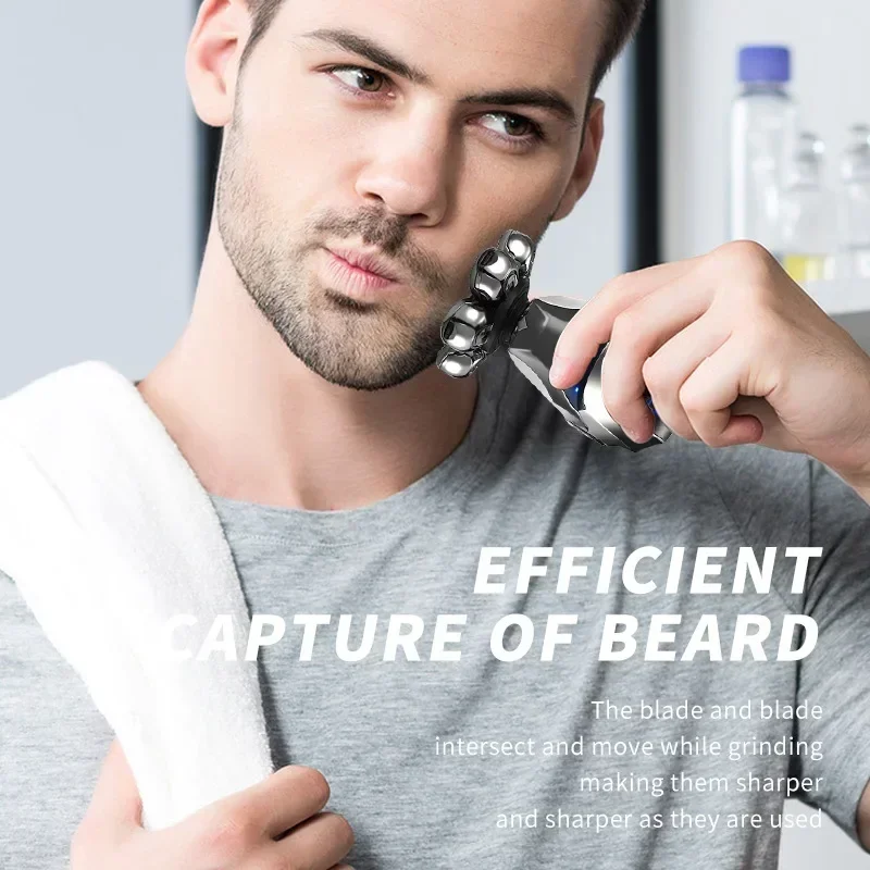 5-em-1 masculino recarregável cabeça careca barbeador elétrico 7d lâmina flutuante cabeça barba nariz orelha aparador de pêlos navalha clipper escova facial - Image 4